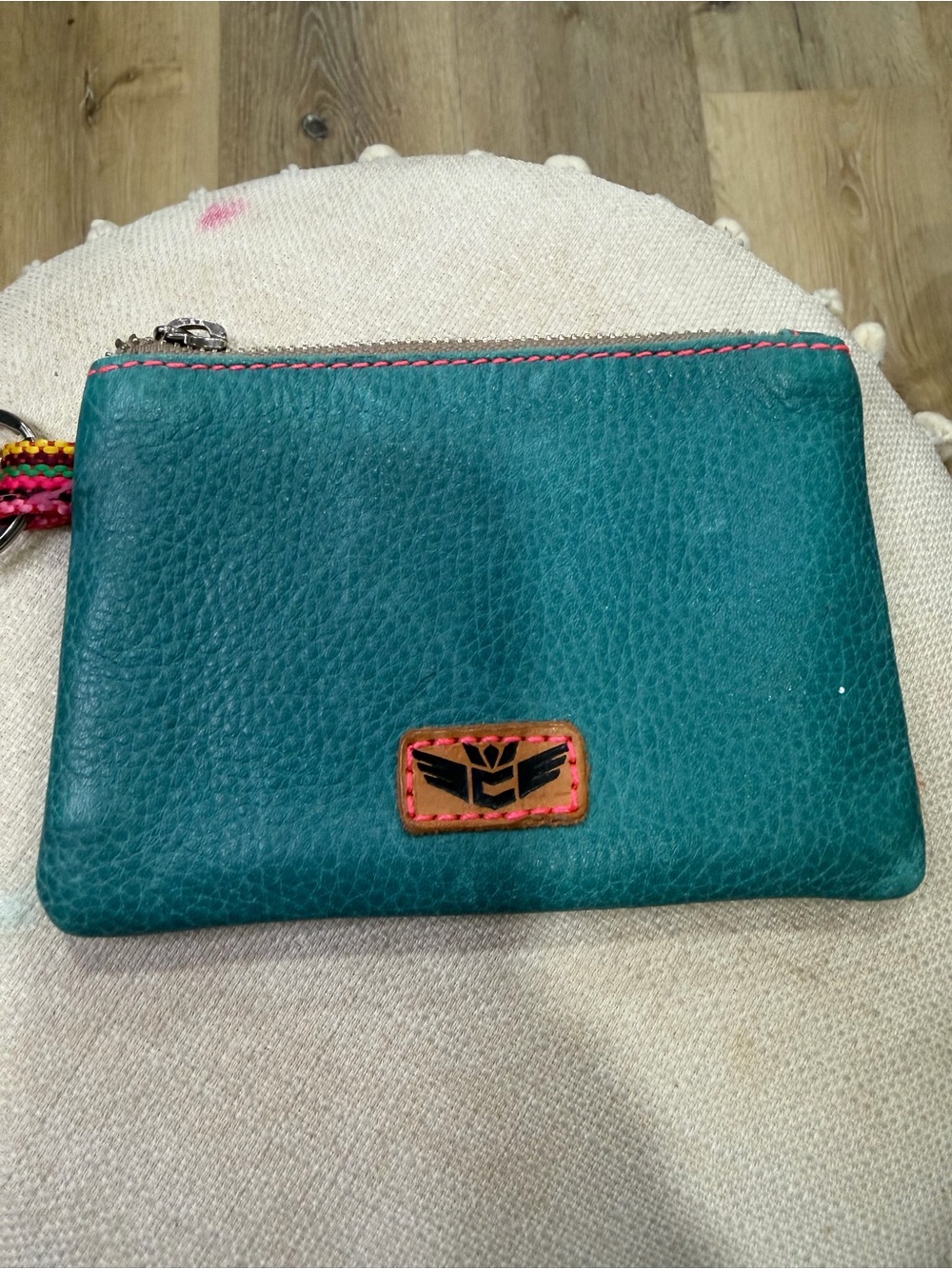 Consuela Teal Pebbled Leather Wristlet with Colorful Trim